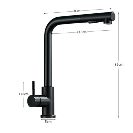 Schéma des dimensions du robinet de cuisine : hauteur 35 cm, bec 26 cm, portée 23,5 cm, socle 5 cm