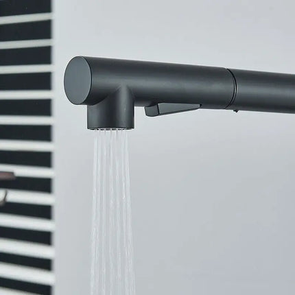 Détail du bec en L noir mat et de sa sortie d'eau sous la tête extractible