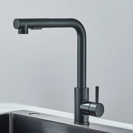 Robinet de cuisine inox noir mat à bec haut en L et douchette extractible, vue de profil