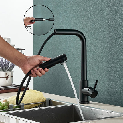 Douchette extractible noir mat tenue en main pour rincer l'évier, cuisine verte
