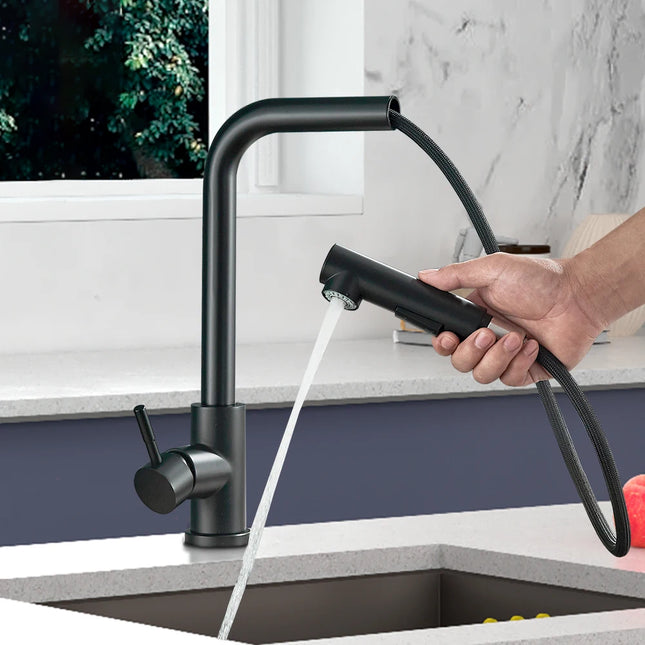 Robinet de cuisine inox noir mat à bec en L, douchette sortie au-dessus d'un évier, cuisine lumineuse