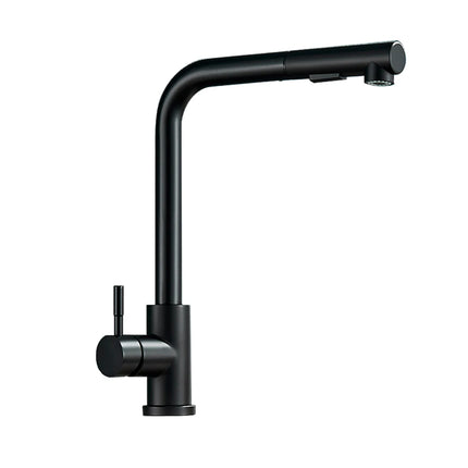 Robinet de cuisine inox noir mat à bec haut en L et douchette extractible, sur fond blanc