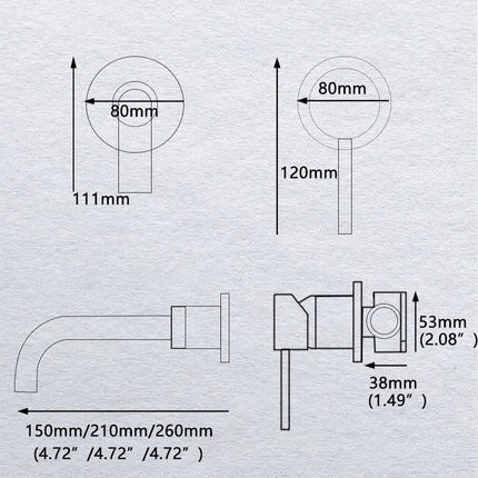 Schéma des dimensions du robinet mural : rosaces Ø 8 cm, poignée 12 cm, longueur de bec 15 / 21 / 26 cm