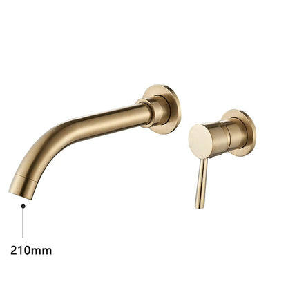 Robinet mural mitigeur de lavabo à bec courbé, finition doré brossé, longueur de bec 21 cm