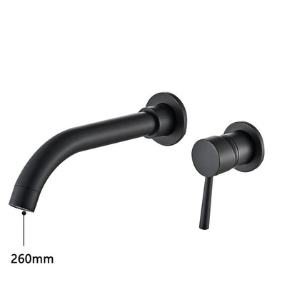 Robinet mural mitigeur de lavabo à bec courbé, finition noir mat, longueur de bec 26 cm