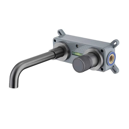 Vue 3D du robinet mural gris canon à bec courbé et molette à écran de température