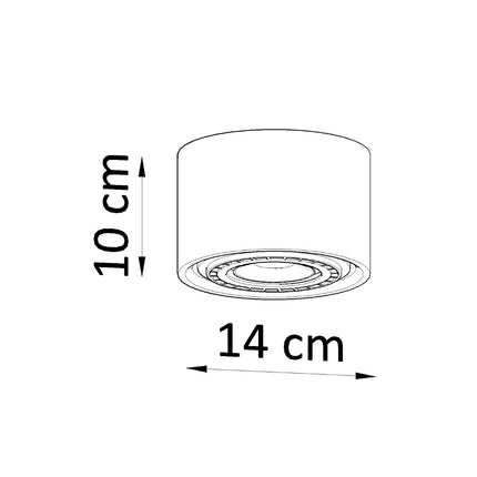 Schéma de dimensions du spot plafonnier bois, diamètre 14 cm et hauteur 10 cm