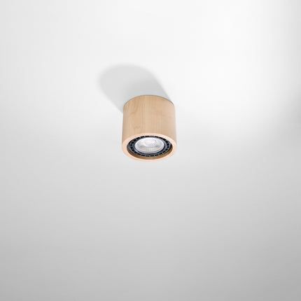 Spot de plafond en saillie bois naturel vu de trois quarts au plafond