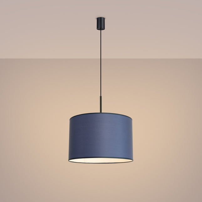 suspension abat-jour tambour bleu marine 40 cm, lumière allumée