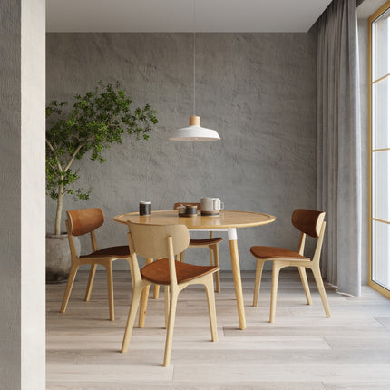 Détail du contraste béton brut et bois naturel de la suspension Afra