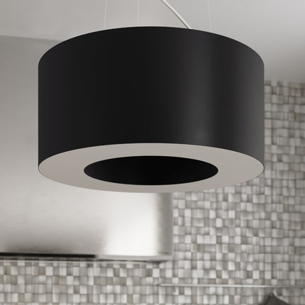 Détail de l'abat-jour en tissu noir évidé de la suspension Saturne 90 cm