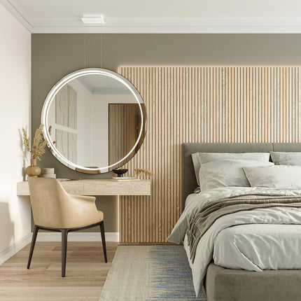 Suspension Anneau Solis 110 cm blanche devant un miroir rond dans une chambre contemporaine
