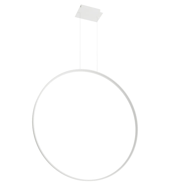 Suspension Anneau Solis 110 cm blanche, grand anneau vertical lumineux sur câbles et rosace carrée