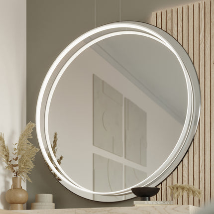 Grand anneau Solis 110 cm blanc allumé, halo LED au-dessus d'une coiffeuse