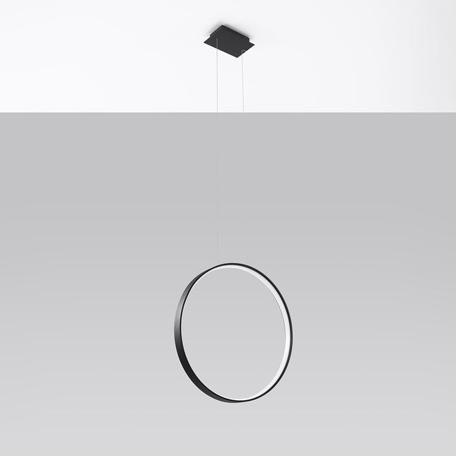 Suspension Anneau Solis 55 cm noire, anneau vertical lumineux sur câbles et rosace carrée
