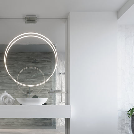 Suspension anneau chromé Anneau Solis au-dessus d'une vasque, salle de bain design