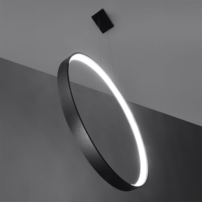 Suspension Anneau Solis 78 cm noire, anneau vertical lumineux sur câbles et rosace carrée