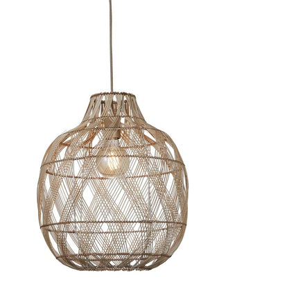 Packshot de la suspension Arizona en bambou tressé naturel avec ampoule E27 apparente et câble textile beige
