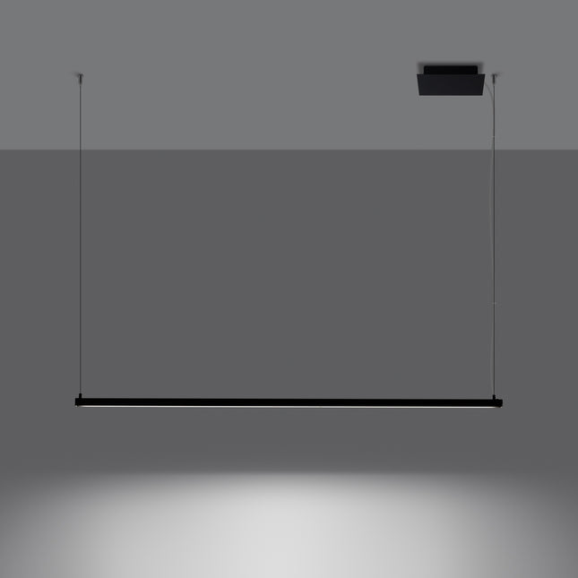 Suspension Barre Fine 120 cm noire allumée, lumière chaude 3000K diffusée vers le bas