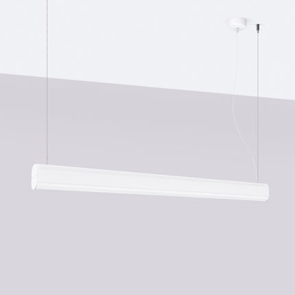Suspension barre linéaire blanche éteinte devant un mur clair, design minimaliste