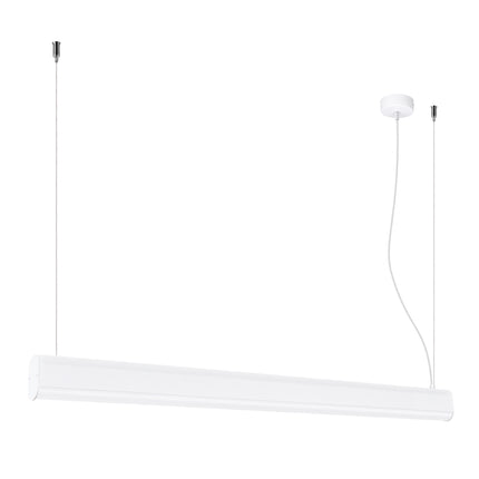 Suspension barre linéaire blanche de 120 cm suspendue à deux câbles, éteinte sur fond blanc