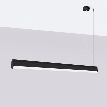 Suspension barre linéaire noire éteinte devant un mur clair, design minimaliste