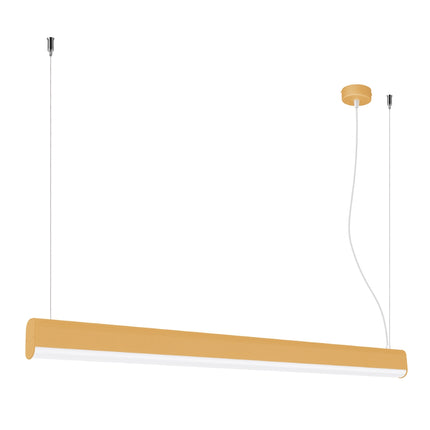 Suspension barre linéaire dorée de 120 cm suspendue à deux câbles, éteinte sur fond blanc