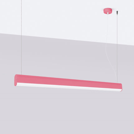 Suspension barre linéaire rose éteinte devant un mur clair, design minimaliste