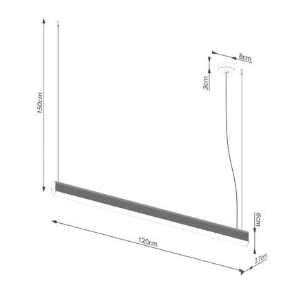 Schema cote de la suspension barre lineaire : 120 cm de long, rosace 8 cm, hauteur 150 cm