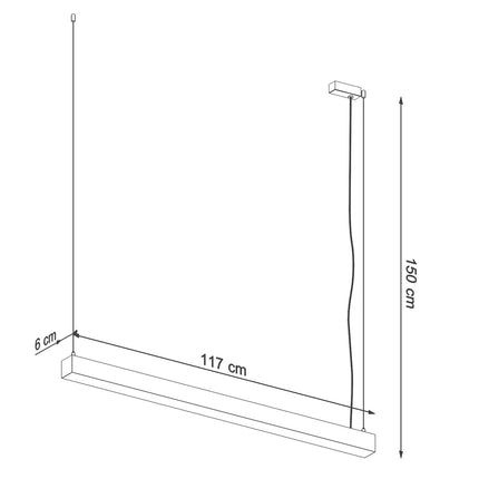 Schéma de cotes de la suspension barre moderne LED, 118 x 6 cm, hauteur max 150 cm