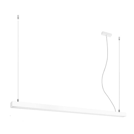 Suspension barre moderne LED blanche 150 cm, profil linéaire en aluminium, sur fond blanc