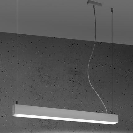 Suspension barre moderne LED blanche allumée de face, diffuseur opale lumineux homogène