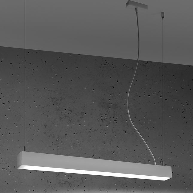 Suspension barre moderne LED blanche allumée de face, diffuseur opale lumineux homogène