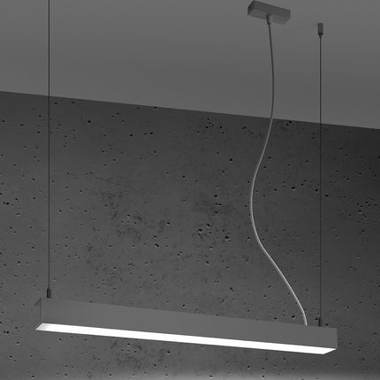 Suspension barre moderne LED grise allumée de face, diffuseur opale lumineux homogène