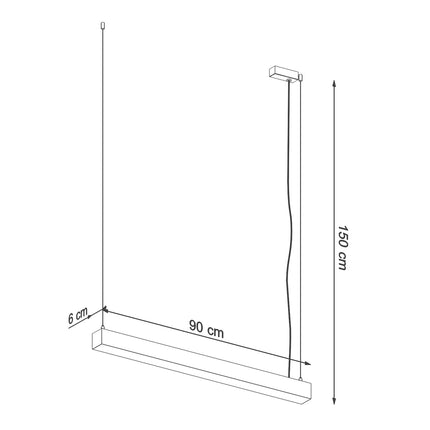 Schéma de cotes de la suspension barre moderne LED, 90 x 6 cm, hauteur max 150 cm