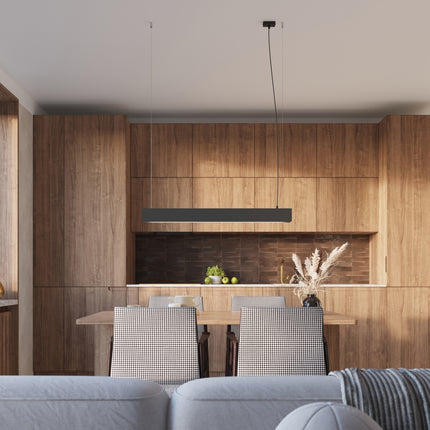 Suspension barre moderne noire au-dessus d'une table dans une cuisine en bois