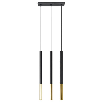 Suspension barre Mozaica à 3 tubes en acier noir mat et laiton doré, vue de face sur fond gris