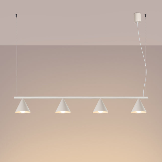 Suspension Bergen Poutre 4 Cônes 122 cm en Acier Beige, lumière allumée