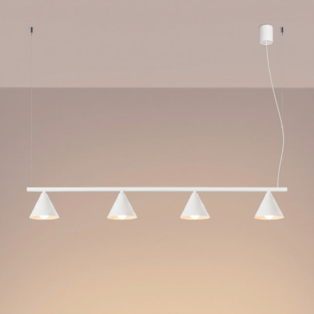 Suspension Bergen Poutre 4 Cônes 122 cm en Acier Blanche, lumière allumée