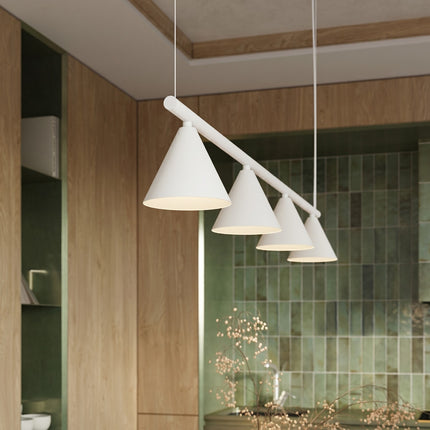 Suspension Bergen Poutre 4 Cônes 122 cm en Acier Blanche, mise en situation 3