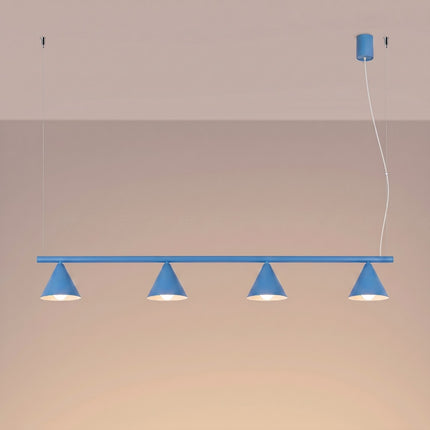 Suspension Bergen poutre 4 cônes 122 cm bleu ciel, lumière allumée