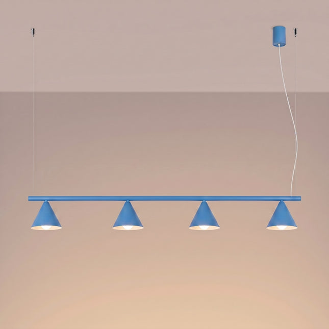 Suspension Bergen poutre 4 cônes 122 cm bleu ciel, lumière allumée