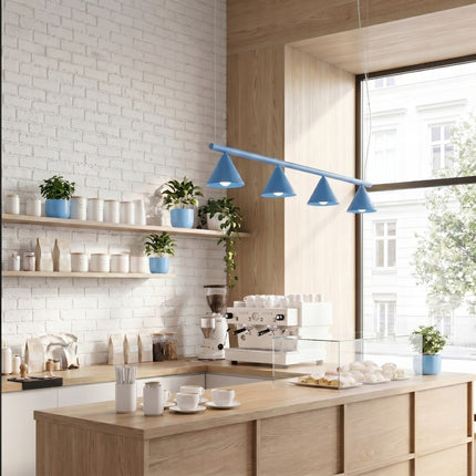 Suspension Bergen poutre 4 cônes 122 cm bleu ciel, vue complémentaire