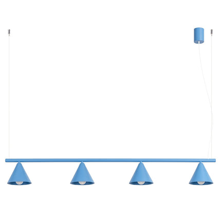 Suspension Bergen poutre 4 cônes 122 cm bleu ciel, packshot sur fond blanc