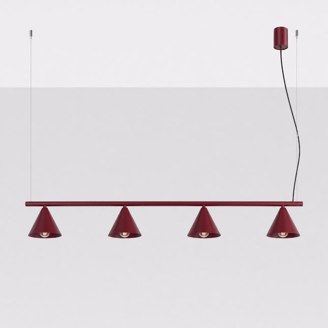 Suspension Bergen poutre 4 cônes 122 cm bordeaux, vue en situation sur fond clair