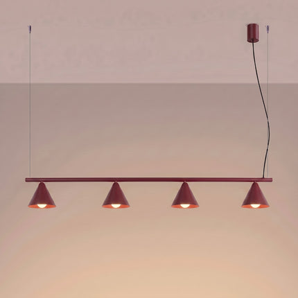 Suspension Bergen poutre 4 cônes 122 cm bordeaux, lumière allumée