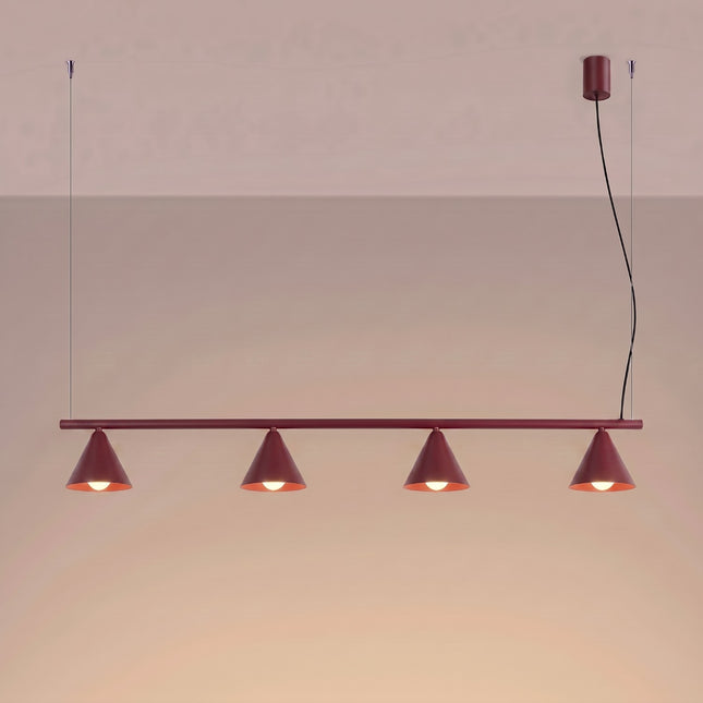 Suspension Bergen poutre 4 cônes 122 cm bordeaux, lumière allumée