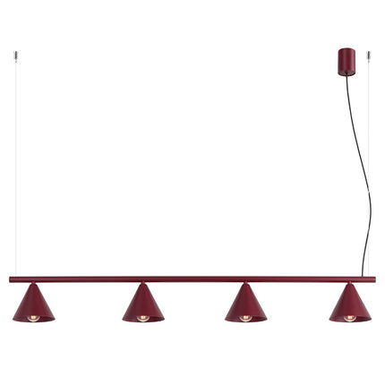 Suspension Bergen poutre 4 cônes 122 cm bordeaux, packshot sur fond blanc