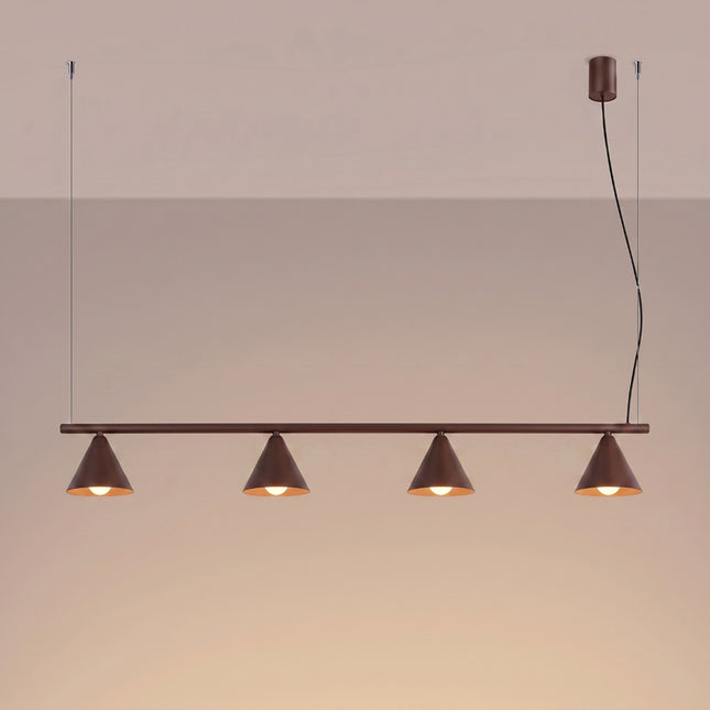 Suspension Bergen poutre 4 cônes 122 cm brun chocolat, lumière allumée