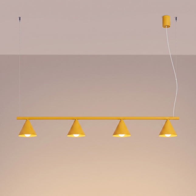 Suspension Bergen poutre 4 cônes 122 cm jaune ambré, lumière allumée